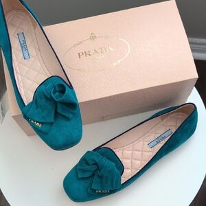 Prada Teal Suede Bow Flats